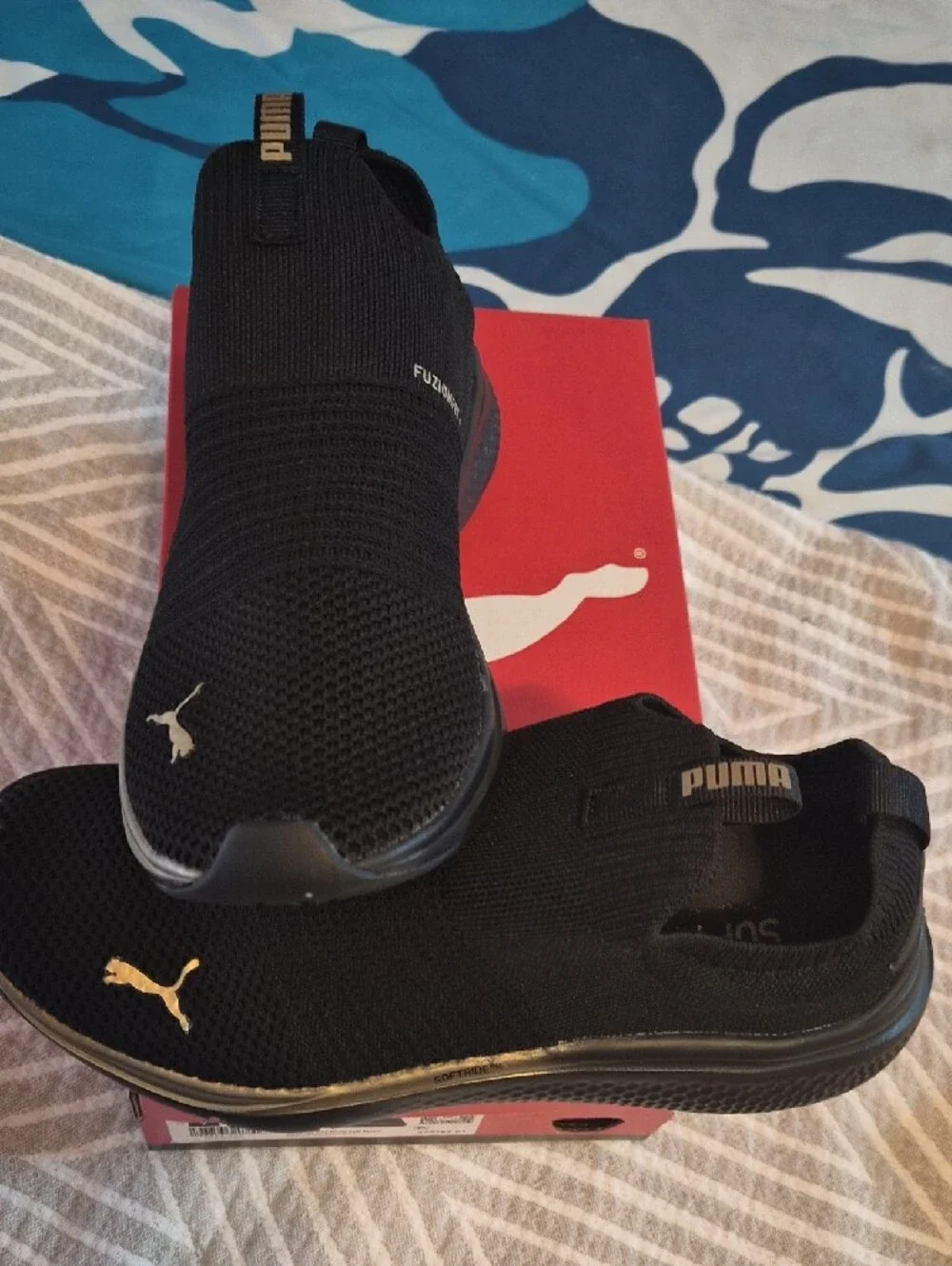 Puma Men’s Black Slip-On Knit Sneakers with Gold Trim
